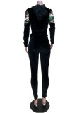 Winter Trendy Black Camous Patch Zipper Top and Slim Sweetpants Set