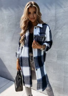 Winter Casual Black Big Checked Long Sleeve Long Shirt Coat