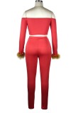 Winter Sexy Red Off Shoulder Fake Fur Long Sleeve Crop Top And Pant Two Piece Set