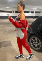 Winter Casual Red Contrast Pocket Long Sleeve Zipper Top And Pant Tracksuit
