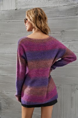 Winter Trendy Purple Stripes V-neck Long Sleeve Sweater