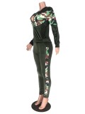Winter Trendy Green Camous Patch Zipper Top and Slim Sweetpants Set