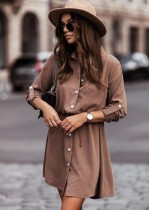 Whiter Casual Brown Turndown Neck Button Up Shirt Dress with Belt