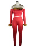 Winter Sexy Red Off Shoulder Fake Fur Long Sleeve Crop Top And Pant Two Piece Set