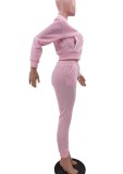 Winter Casual Pink Fleece Contrast Pocket Long Sleeve Button Top And Pant Matching Set