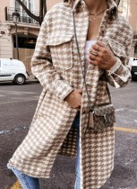 Winter Casual Beige Checked Long Sleeve Long Shirt Coat