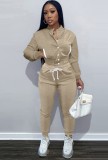 Winter Casual Beige Fleece Contrast Pocket Long Sleeve Button Top And Pant Matching Set