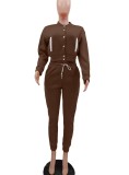 Winter Casual Brown Fleece Contrast Pocket Long Sleeve Button Top And Pant Matching Set