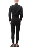 Winter Casual Black Fleece Contrast Pocket Long Sleeve Button Top And Pant Matching Set
