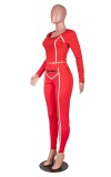 Fall Sexy Red U-neck Crop Tight Top and Slim Pants Set