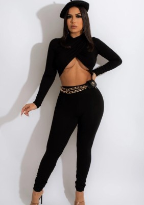 Winter Sexy Black Cross Neck Keyhole Long Sleeve Tight Jumpsuit