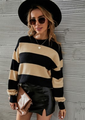 Winter Casual Black and Khaki Stripes Round Neck Loose Sweater