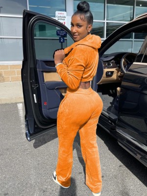 Winter Casual Orange Bra Zipper Crop Top And Pant Sets