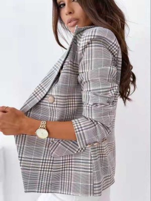 Winter Grey Plaid Long Sleeve Blazer