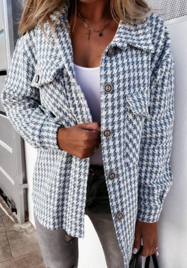 Winter Blue Plaid Turndown Neck Button Up Loose Short Coat