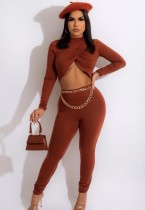 Winter Sexy Brown Cross Neck Keyhole Long Sleeve Tight Jumpsuit