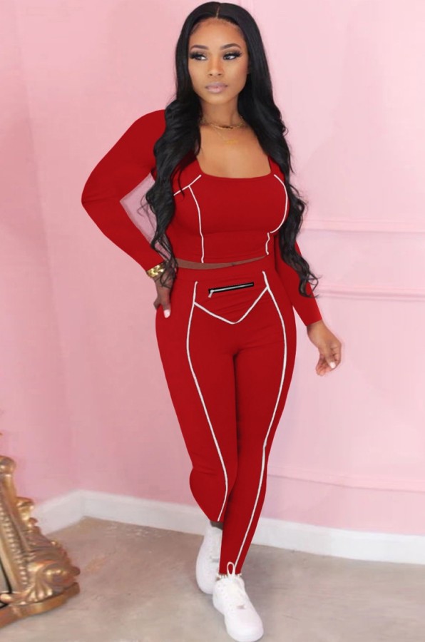 Fall Sexy Red U-neck Crop Tight Top and Slim Pants Set