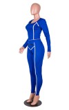Fall Sexy Blue U-neck Crop Tight Top and Slim Pants Set