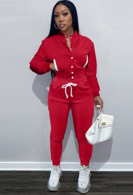 Winter Casual Red Fleece Contrast Pocket Long Sleeve Button Top And Pant Matching Set