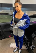 Winter Casual Blue Contrast Pocket Long Sleeve Zipper Top And Pant Tracksuit