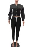 Winter Casual Black Fleece Contrast Pocket Long Sleeve Button Top And Pant Matching Set
