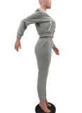 Winter Casual Grey Fleece Contrast Pocket Long Sleeve Button Top And Pant Matching Set