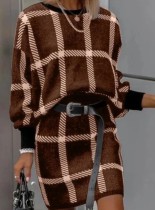 Winter Casual Brown Plaid Loose Sweater and Pencil Skirt Set