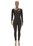 Fall Sexy Black Hollow Out Round Neck See Through Long Sleeve Jumpsuit