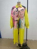 Winter Fashion Yellow Face Print Puffed Long Sleeve Long Shirt And Shorts Two Piece Set