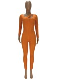 Fall Sexy Orange Hollow Out Round Neck See Through Long Sleeve Jumpsuit
