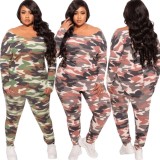 Fall Plus Size Brown Camouflage Print Long Sleeve Round Neck Loose Top And Pant Two Piece Set
