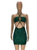 Summer Sexy Green Sequins Backless Halter Sleeveless Midi Dress