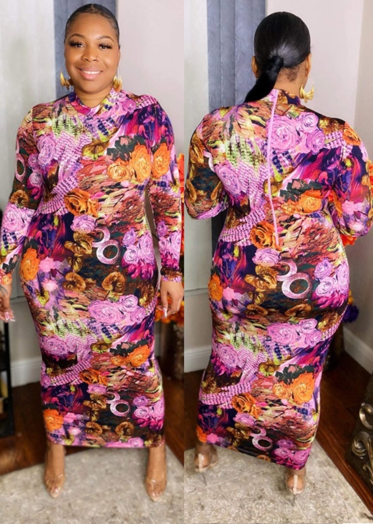 Winter Plus Size Print High Neck Long Sleeve Long Dress Wholesale Plus