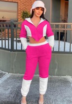 Winter Fashion Pink Contrast Lamb Zipper Hoodies Long Sleeve Crop Top And Pant Two Piece Set