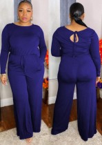 Fall Plus Size Blue Solid Long Sleeve Round Neck Loose Jumpsuit