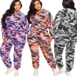 Fall Plus Size Grey Camouflage Print Long Sleeve Hoodies Top And Pant Two Piece Set