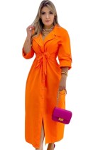 Fall Casual Orange Turndown Collar Button Up Casual Long Dress with Belt