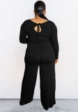 Fall Plus Size Green Solid Long Sleeve Round Neck Loose Jumpsuit