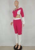 Winter Fashion Pink Contrast Lamb Zipper Hoodies Long Sleeve Crop Top And Pant Two Piece Set