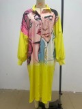Winter Fashion Yellow Face Print Puffed Long Sleeve Long Shirt And Shorts Two Piece Set