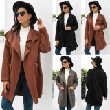 Winter Stylish Brown Turndown Collar Pocket Loose Cardigan Coat