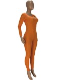Fall Sexy Orange Hollow Out Round Neck See Through Long Sleeve Jumpsuit