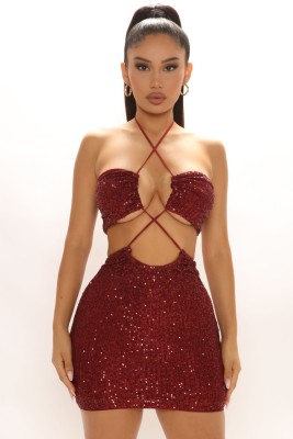 Summer Sexy Red Sequins Backless Halter Sleeveless Midi Dress