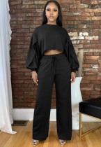 Winter Casaual Black Puffed Long Sleeve Round Neck Crop Top And Loose Pant Two Piece Set