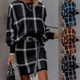Winter Casual Apricot Plaid Loose Sweater and Pencil Skirt Set