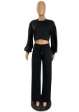 Winter Casaual Black Puffed Long Sleeve Round Neck Crop Top And Loose Pant Two Piece Set