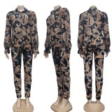 Fall Trendy Retro Printed Long Sleeve Shirt and Match Pants Two Piece Set