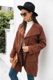 Winter Stylish Brown Turndown Collar Pocket Loose Cardigan Coat
