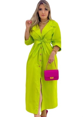 Fall Casual Green Turndown Collar Button Up Casual Long Dress with Belt