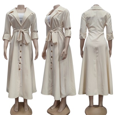 Fall Casual Apricot Turndown Collar Button Up Casual Long Dress with Belt